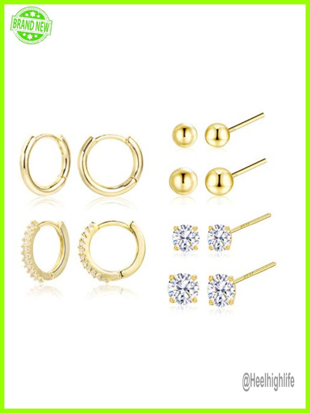 14k Gold Plated Sterling Silver Stud & Hoop Earrings Set Hypoallergenic